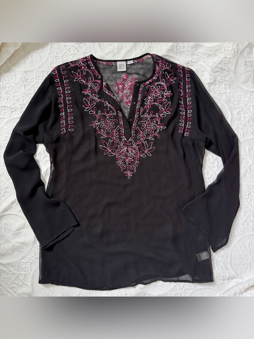 sheer black and pink embroidered long sleeve top